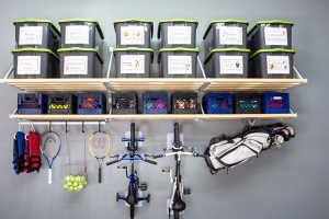 Rhino Shelf for sports equipment, bikes, storage bins. Garage wall storage shelves in Seattle