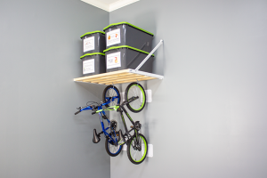 Rhino Shelf for bikes and storage bins. Garage wall storage shelves in Seattle